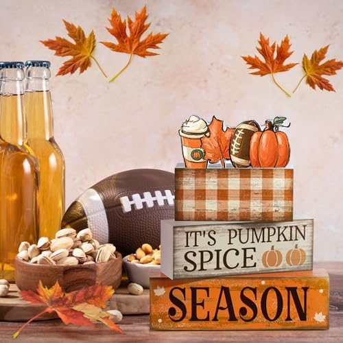 Lineshading 4 Pcs Fall Football Table Decor, Pumpkin Spice Coffee Bar Sign