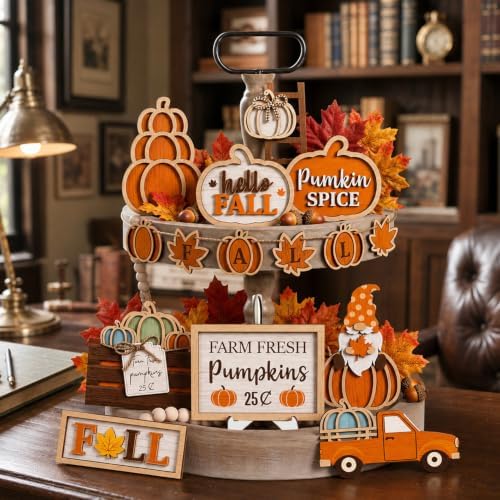 Fall Tiered Tray Decor, 18Pcs Wooden Autumn Pumpkin Table Decorations Set