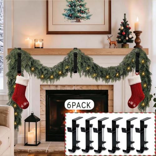 HMASYO 2-in-1 Christmas Garland & Stocking Holders for Mantle Set of 6, Black Adjustable Low-Profile Fireplace Hangers with Dual Hooks, Metal Stocking Hooks for Garland, Fits 0.5”-3.4”Mantels