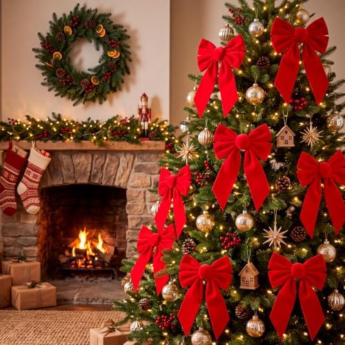JOYIN 12 Pack Christmas Red Velvet Bows, 13" Long by 9" Wide Decorative Christmas Bows for Wreath Garland Tree Decor, Indoor Outdoor Holiday Decoration