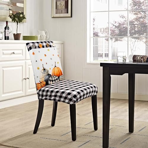 Halloween Chair Covers Set of 6, Fall Pumpkin Black/White Buffalo Plaid Chairs Slipcover for Dining Room, Removable Washable Breathable Cover in the Kitchen Restaurant Holiday Decor
