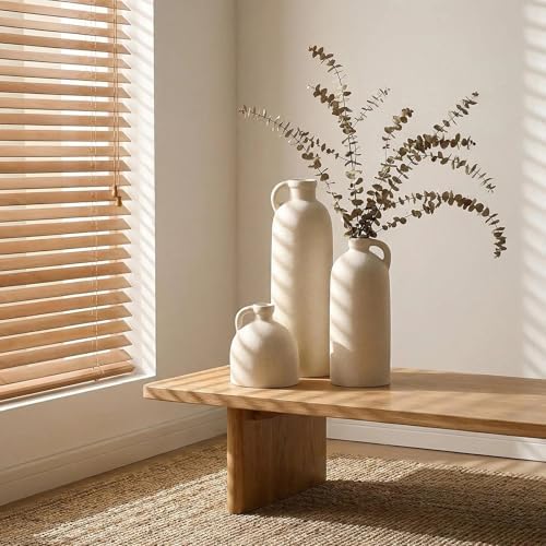 Flower Vase Set of 3, Ceramic Home Decor for Living Room - Modern Rustic Farmhouse Centerpiece for Table, Shelf &