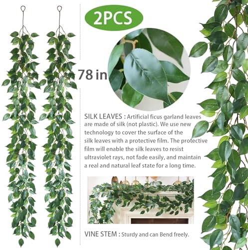 Mizii 2 Strands Artificial Vines Ficus Garland 78" Fake Vine with Silk Green Leaves Faux Hanging Plants Greenery Decorations for Bedroom Table Centerpieces Wall Party Wedding Room Decor (Ficus)