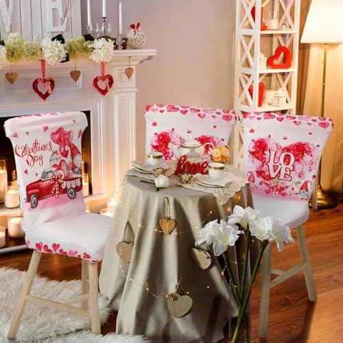 Preboun Valentine's Day Chair Covers Set of 6 Valentines Dining Protector Stretch Red Heart Removable Washable Valentine Gnome Red Truck Slipcovers for Dining Hotel Party Wedding