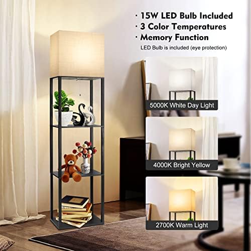 RUNTOP Plus Floor Lamp with Shelves, Shelf Lamp with 15W LED Bulb, 3 Colors, Memory Function, Wide Display Shelf for