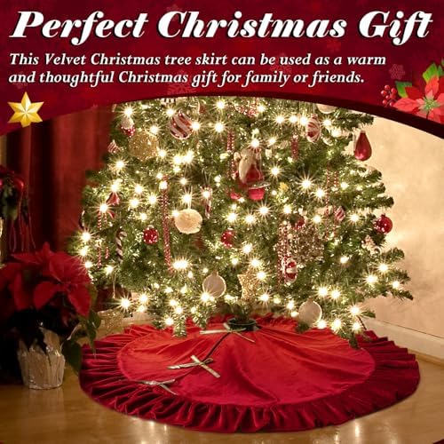 Velvet Christmas Tree Skirt, 48 Inches, Bow Style, Red
