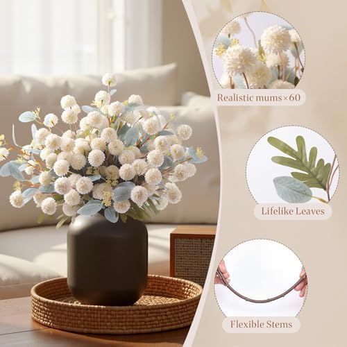 Alupssuc 16Pcs Faux Silk Mums Artificial Flowers with Eucalyptus White
