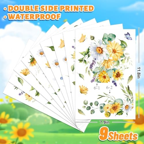 Whaline 9 Sheets Spring Summer Daisy Floral Window Cling Hanging Yellow White Flower Vine Glass Decals Sunflower Eucalyptus Reusable Window Decoration for Party Home Office Classroom