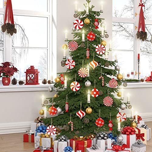 Qunclay 36 Pcs Halloween Wood Hanging Ornaments Red and White Peppermint