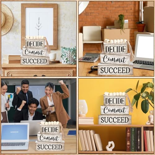 Moucuny 4 Pcs Rustic Wooden Office Shelf Decor Block Signs Farmhouse