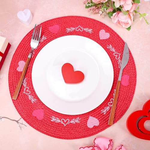 Whaline 4 Pcs Round Valentine's Day Red Pink Placemats Embroidered Place Mats Love Heart Table Mat Decorative Dinner Table Mats for Home Wedding Anniversary Party Decor
