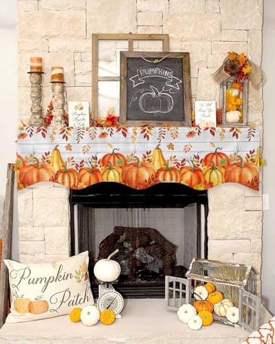 Fall Mantel Scarf for Fireplace, Red Orange Pumpkin Leaf Farmhouse Wood Plank Fireplace Cover Decorations Indoor Thanksgiving Mantel Top Scarf Runner for Seasonal Autumn Holiday Party, 17 x 70 Inch