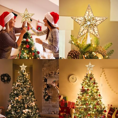 BrizLabs 9" Gold Christmas Tree Topper with 10 Lights, Lighted Star Treetop