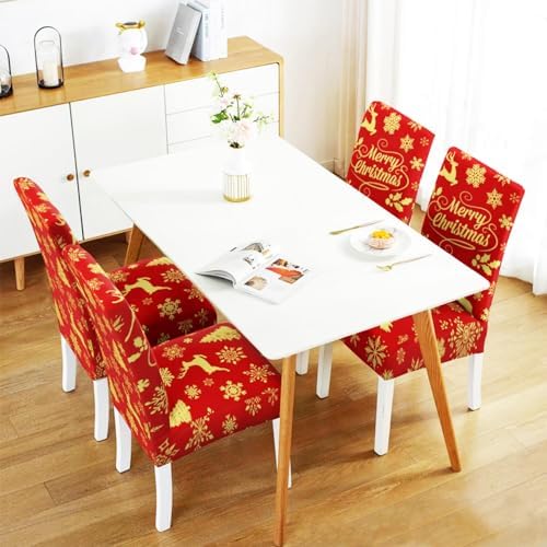 Merry Christmas Chair Covers Set of 6,Xmas Snowflake Elk Dining Chair Slipcovers,Elastic Removable Washable Dining Parsons Chair Protectors,Christmas Decor for Home Red