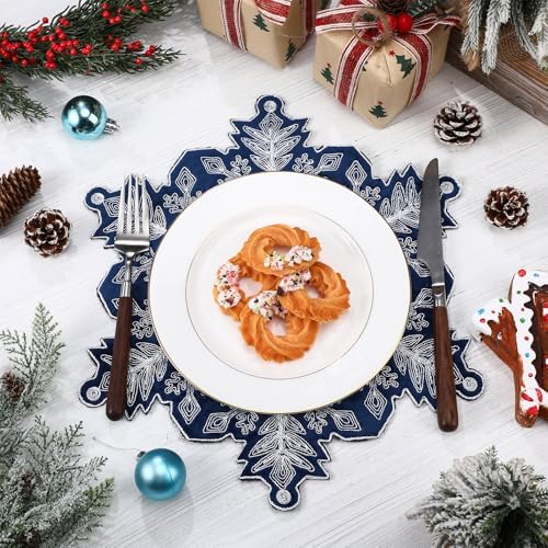 HunnmingRe Christmas Snowflake Placemats Set of 6 Embroidered Snowflake Table Mats 14 Inch Velvet Blue Christmas Table Decorations Xmas Washable Placemats for Xmas Holiday Tabletop Home Dining Kitchen