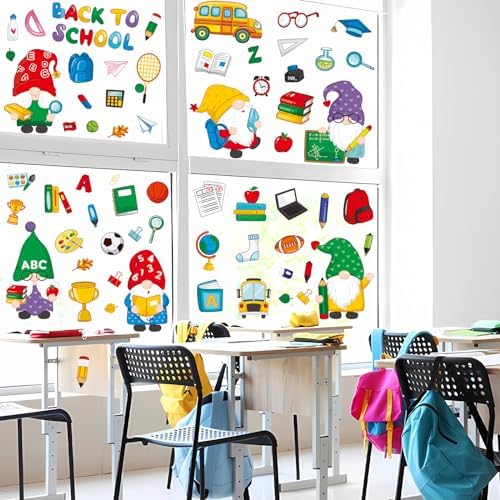 100 Pieces Double-Sided Back to School Gnome Theme Window Clings - Classroom Stickers and Decals for Glass Summer Decor