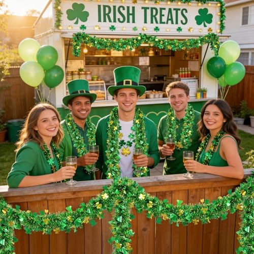 St Patrick's Day Tinsel Garland 33FT Gold Green Shamrock Hat Tinsel Garland Shiny Clover Metallic Hanging Decoration Irish Shamrock Garlands for Home Indoor Outdoor St Patrick Irish Home Decor