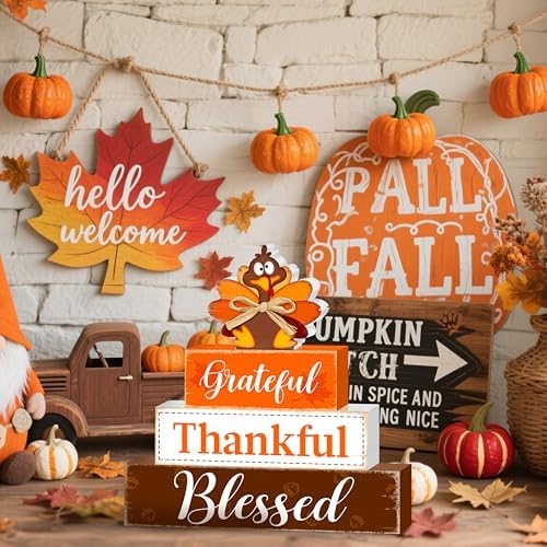 Fall Wooden Table Sign,Thanksgiving Turkey Wooden Blocks Table Decor, Blessed Grateful Thankful Tabletop Signs Farmhouse,Autumn Thanksgiving Harvest Home Kitchen Shelf Decor