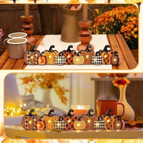 Yousoontic Fall Pumpkin Decor, LED Lighted Fall Table Centerpieces, Retro Plaid Leopard Wooden Pumpkin Sign Decorations 3D Block Farmhouse Decor for Autumn Harvest Thanksgiving Home Mantel Party