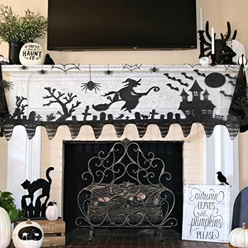 Halloween Mantle Scarf for Fireplace - Lace Witch Hat Haunted House Ghost Cover Garland Runner for Living Room - Gothic Indoor Decorations (Black)