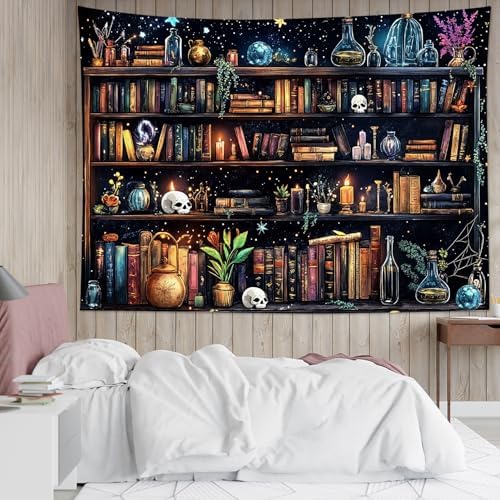 HVEST Magic Bookshelf Tapestry Wall Hanging Vintage Bookshelf Witchy Books Plant Skull Gothic Halloween Tapestry Aesthetic Starry Sky Tapestries for Bedroom Living Room Dorm, 51L x 59W Inches