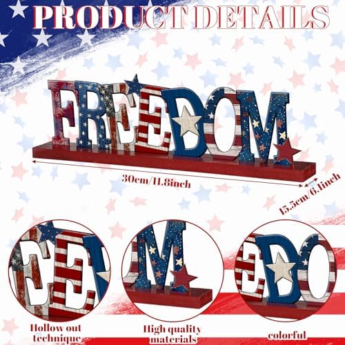 Cinnvoice Memorial Day Table Decoration Patriotic 4th of July Centerpiece Farmhouse Metal Freedom Star Red White and Blue Letter Tiered Tray Decorations with Wooden Base for Holiday Kitchen Home