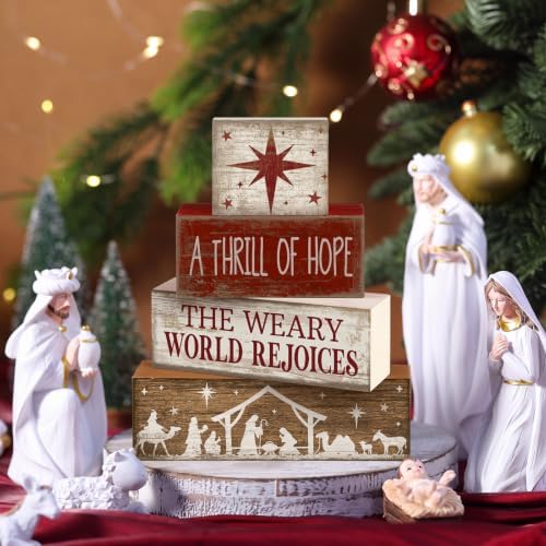 Lineshading 4 Pcs Christmas Table Decorations, Nativity Wooden Block Signs