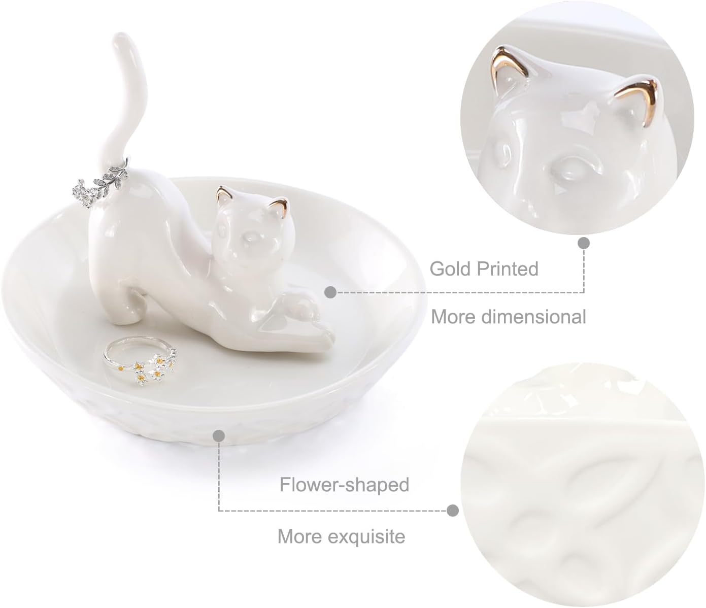 Ceramic White Ring Holder Jewelry Tray / White Lying Down Cat
