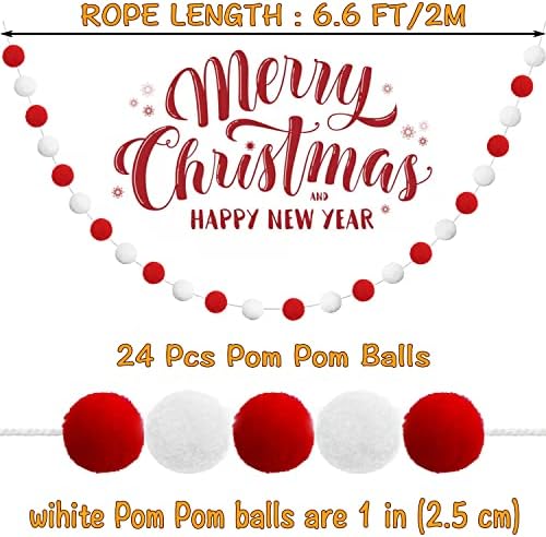 Jishi 3-Pack Pom Pom Garland Red and White Felt Ball Ornament Garland Christmas Decorations, Cute Pompom Strings for Christmas Tree Decor, Xmas Holiday Party, Birthday Banner - 6.6 Feet Long, 24 Balls