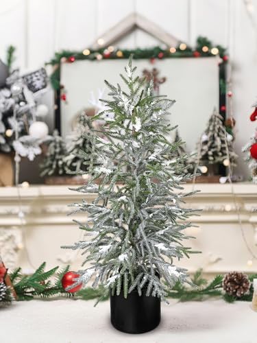 3FT Snow Flocked Artificial Norfolk Pine Tree in Pot, Real Touch Artificial Topiary Tree Small Faux Tabletop Christmas Tree for Front Porch Kitchen Home Indoor Outdoor Decor
