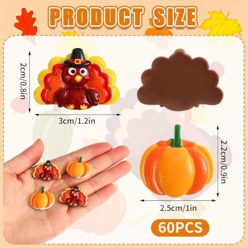 60Pcs Mini Thanksgiving Resin Flatback Charms,Turkey Pumpkin Charms