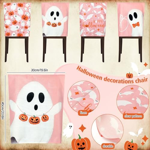 JarThenaAMCS 4 Pcs Halloween Chair Back Covers Pink Ghost Pumpkin Bat Dining Chair Slipcover Removable Seat Protector Cover for Home Kitchen Decorations