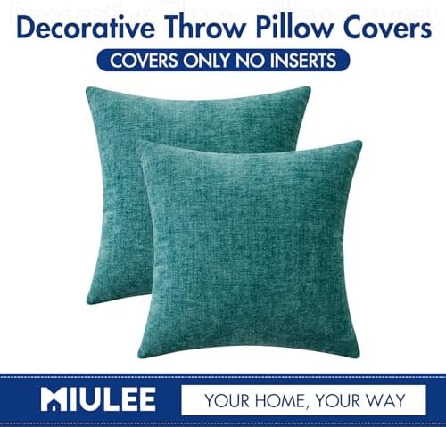 MIULEE Soft Chenille Throw Pillow Covers Teal 18x18 Inch Pack of 2