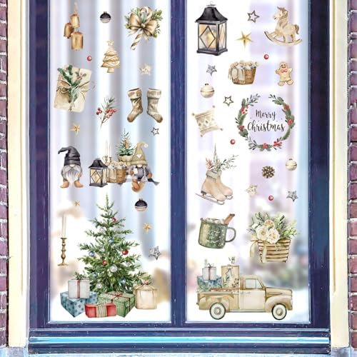 Whaline Christmas Window Clings Brown Vintage Xmas Tree Truck Window Stickers Double-Side Glass Decals for Home Party Supplies, 7.9 x 11.8 Inch, 9 Sheets