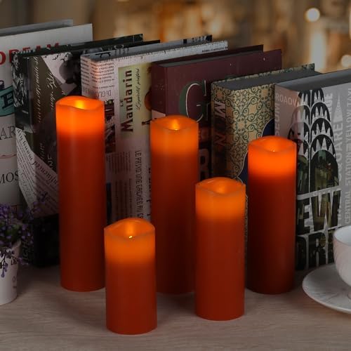 Vinkor Flameless Candles Battery Operated Candles Real Wax Pillar LED Candles with 10-Key Remote and Cycling 24 Hours Timer (Orange Set of 9)
