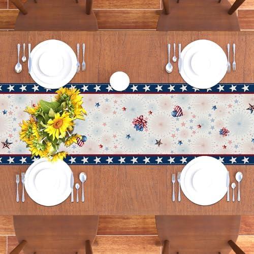 Memorial Day Patriotic 4th of July Table Runner,Red White and Blue Flowers Table Decor Veterans Day Independence Day Decorations and Supplies for Home Kitchen Table-13×108''