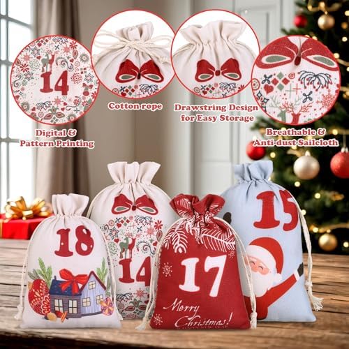 Naler Christmas Advent Calendar 2026, 24 Pieces Drawstring Gift Bags