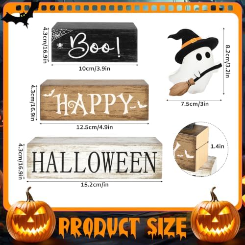 4Pcs Halloween Table Decorations Indoor, Farmhouse Halloween Cute Ghost Block Decorations, Rustic Ghost Table Centerpieces Signs Tiered Tray Decor for Home Mantel Shelf Office Party Supplies