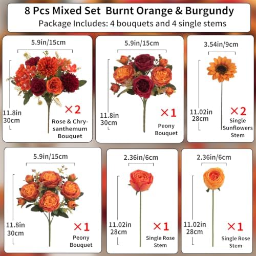 8 Pcs Mixed Autumn Artificial Peony Flower Set-4 Bouquets & 4 Stems, Burnt Orange Wine Red Fake Peony Sunflower Silk Flower for Fall Table Centerpiece Farm Wedding Thanksgiving Halloween Home Decor