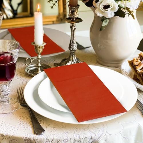 KAMMAK Dinner Napkins Disposbale Cloth Like Paper Napkins with Pocket 100 Pack Terracotta and Orange Wedding Reception Guest Hand Towel for Party Decoration, Bathroon, Kitchen (16.5 x 16.5 inch)