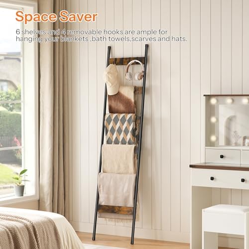 HOOBRO Blanket Ladder, 6-Tier Towel Rack with Hooks, Wall-Leaning Blanket Rack, Decorative Display Ladder Shelf