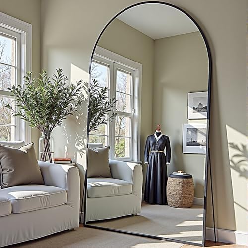 Prywot Full Length Mirror, Oversized 81"x41" Arched-Top Floor Mirror, Black