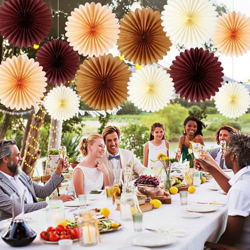 BestoFun 12PCS Paper Fans Brown Neutral Boho Party Decorations Tissue Paper Flowers Paper Fans Party Decorations for Girl Groovy Birthday Baby Shower Wedding Bachelorette Room Wall Hanging Décor