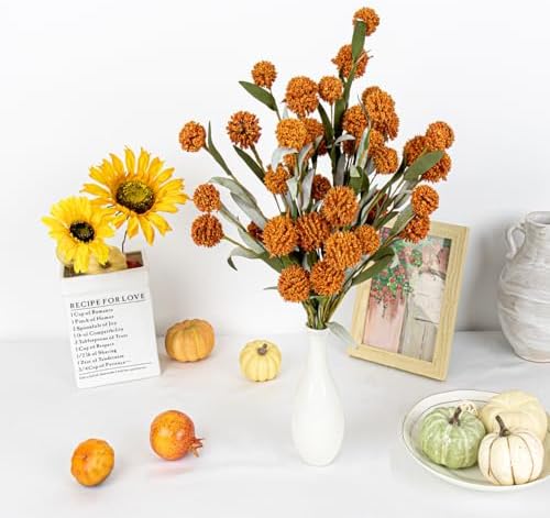 Yawwind 6 PCs Rustic Fall Flowers 17 Inches Boho Fall Floral Picks Faux Autumn Branches with Craspedia Orange Billy Balls Flowers for Vase Table Centerpieces Living Room Indoors Decor（Orange）