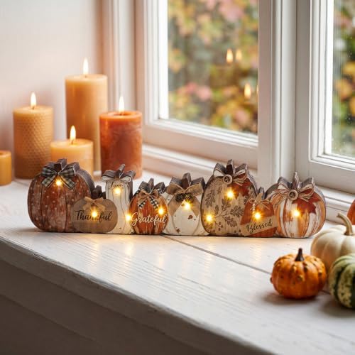 Yousoontic Fall Table Decorations, Light up Pumpkin Table Centerpieces Rustic Wooden Sign Decor with LED Lights 3D Block Pumpkin Decor for Autumn Thanksgiving Harvest Farmhouse Home Mantel Desk Party