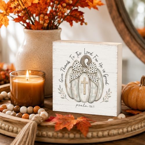 Thanksgiving Decorations Give Thanks Pumpkin Christian Wood Sign Decor