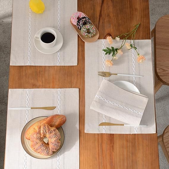 Wracra Cotton Linen Place Mats, Ivory Embroidered Placemats Set of 6 | Placemats 12 x 18 Inch; Cotton Linen Woven