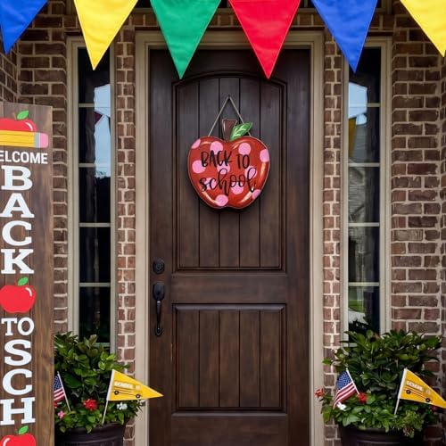 Smile Back to School Red Polka Dot Apple Wooden Door Sign Wall Decor for Classroom, Home, School Entrance - Back to School Gift for Teachers, Students