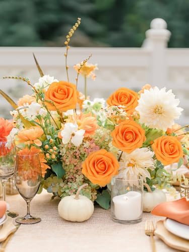 30PCS Orange Artificial Flowers, Real Touch Fake Roses for Fall Decorations