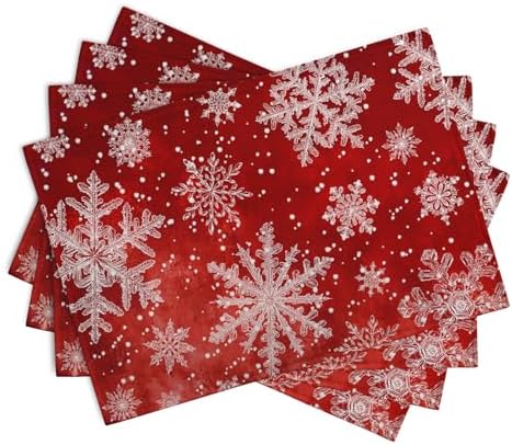 Red Snowflake Xmas Placemats Set of 4 Merry Christmas Snowflakes Linen Fabric Table Mats Seasonal Winter Holiday Washable Place Mats for Party Kitchen Dining Outdoor Indoor Decor